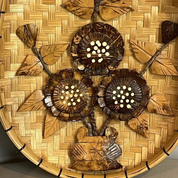 2 Vintage 70s Oval Wooden Wall Art Flowers Polynesian Tiki Boho Chic 10" - Picture 6 of 15